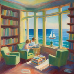 An impressionist-style painting of a family library transforming into a seascape