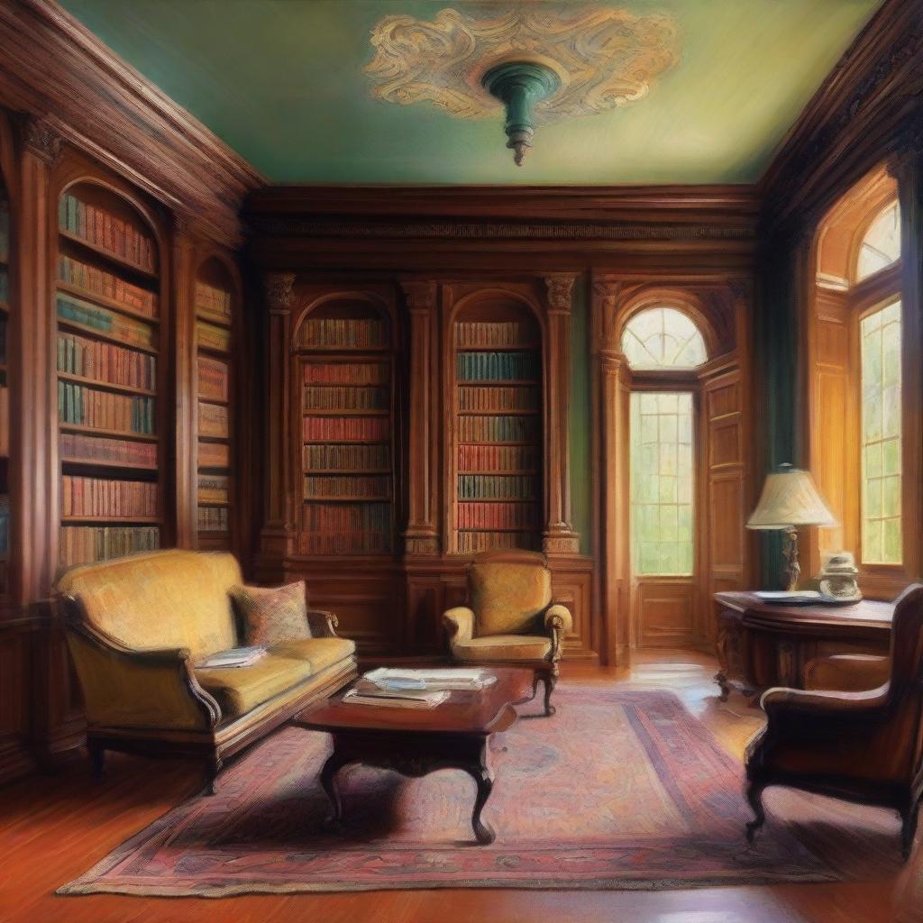 An impressionist-style painting of a family library inside a grand manor