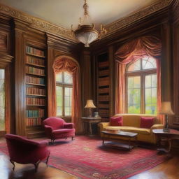 An impressionist-style painting of a family library inside a grand manor