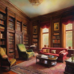 An impressionist-style painting of a family library inside a grand manor