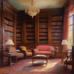 An impressionist-style painting of a family library inside a grand manor