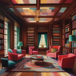 An abstract-style painting of a family library inside a grand manor