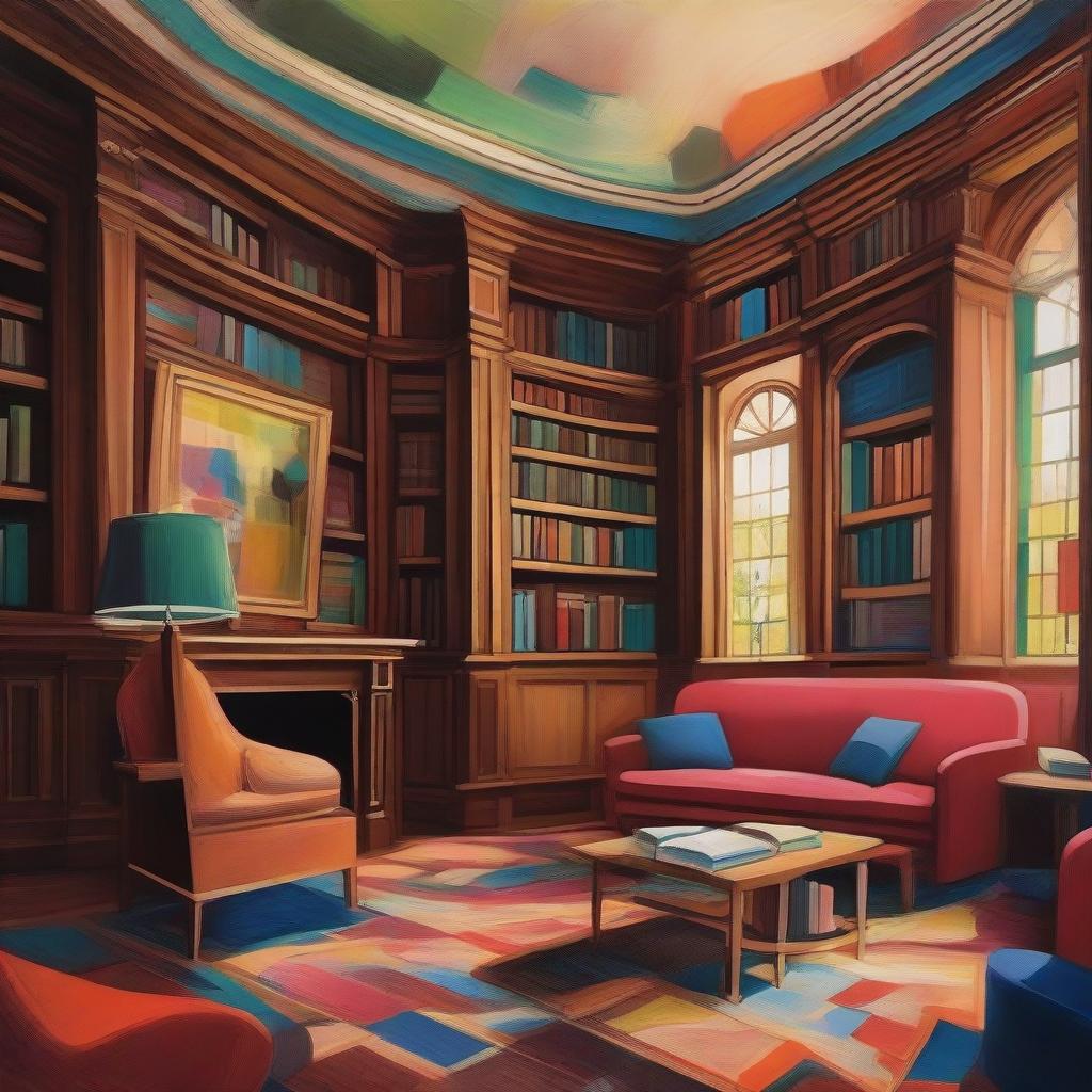 An abstract-style painting of a family library inside a grand manor