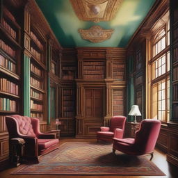 An abstract-style painting of a family library inside a grand manor