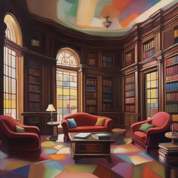 An abstract-style painting of a family library inside a grand manor