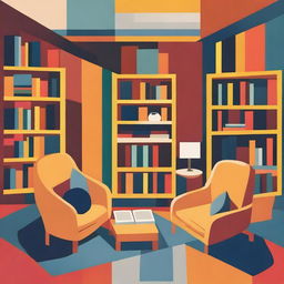 An abstract painting of a family library with elements that suggest bookshelves, books, and comfortable seating in a non-representational style