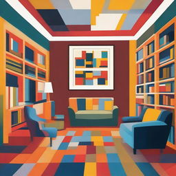 An abstract painting of a family library with elements that suggest bookshelves, books, and comfortable seating in a non-representational style