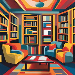 An abstract painting of a family library with elements that suggest bookshelves, books, and comfortable seating in a non-representational style