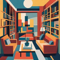 An abstract painting of a family library with elements that suggest bookshelves, books, and comfortable seating in a non-representational style