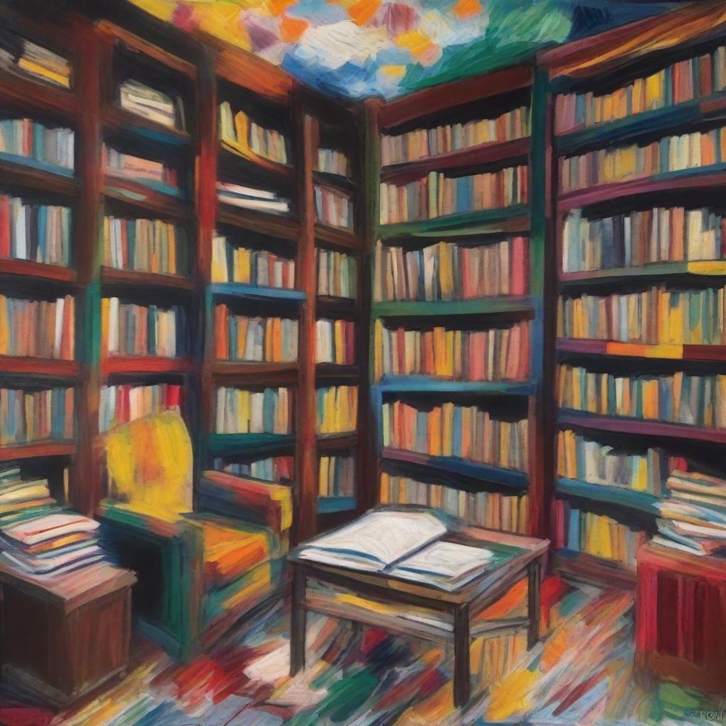 A painting of a family library in the style of Jean-Paul Riopelle with abstract, dynamic brushstrokes and rich, vibrant colors