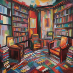 A painting of a family library in the style of Jean-Paul Riopelle with abstract, dynamic brushstrokes and rich, vibrant colors