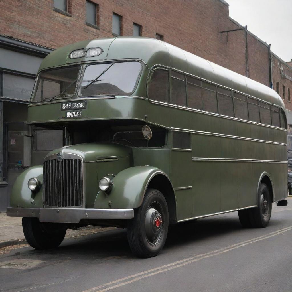 A bus redesigned in a dieselpunk style, reflecting early to mid-20th century aesthetics, gritty mechanical details, and diesel-propelled engine components.