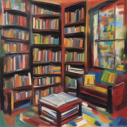 A painting of a family library in the style of Jean-Paul Riopelle with abstract, dynamic brushstrokes and rich, vibrant colors