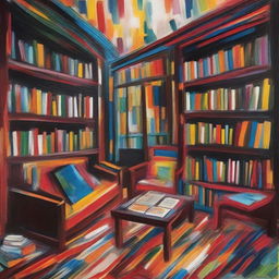 A painting of a family library in the style of Jean-Paul Riopelle with abstract, dynamic brushstrokes and rich, vibrant colors