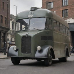 A bus redesigned in a dieselpunk style, reflecting early to mid-20th century aesthetics, gritty mechanical details, and diesel-propelled engine components.