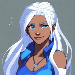 A triton woman with blue eyes and long white hair pulled into a messy ponytail