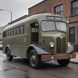 A bus redesigned in a dieselpunk style, reflecting early to mid-20th century aesthetics, gritty mechanical details, and diesel-propelled engine components.