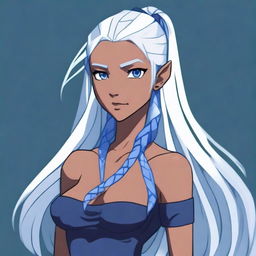 A triton woman with blue eyes and long white hair pulled into a messy ponytail