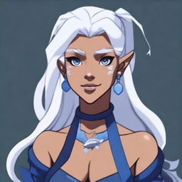 A triton woman with blue eyes and long white hair pulled into a messy ponytail