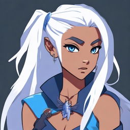 A triton woman with blue eyes and long white hair pulled into a messy ponytail