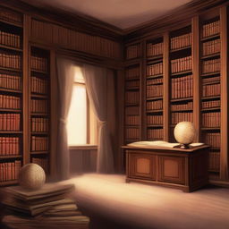 A serene and contemplative painting of a philosophical library