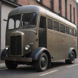 A bus redesigned in a dieselpunk style, reflecting early to mid-20th century aesthetics, gritty mechanical details, and diesel-propelled engine components.