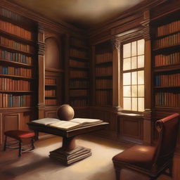 A serene and contemplative painting of a philosophical library