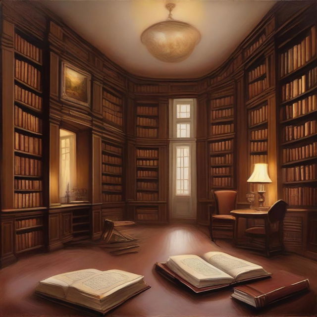 A serene and contemplative painting of a philosophical library