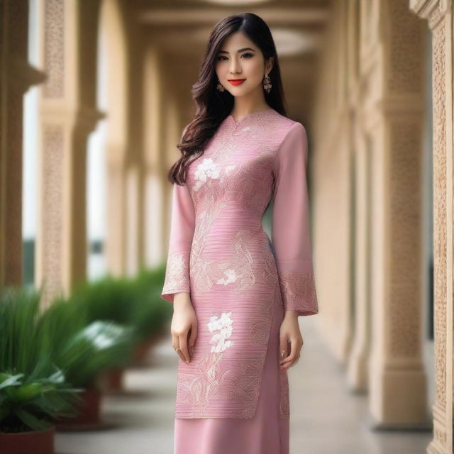 A woman wearing a modern and stylish baju kurung that is slightly revealing but still elegant