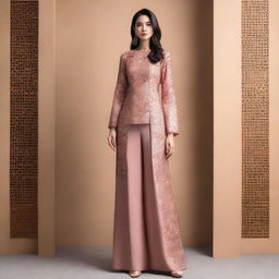 A woman wearing a modern and stylish baju kurung that is slightly revealing but still elegant