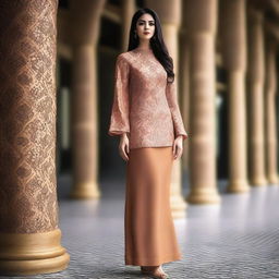 A woman wearing a modern and stylish baju kurung that is slightly revealing but still elegant