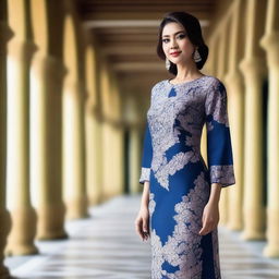 A woman wearing a modern and stylish baju kurung that is slightly revealing but still elegant