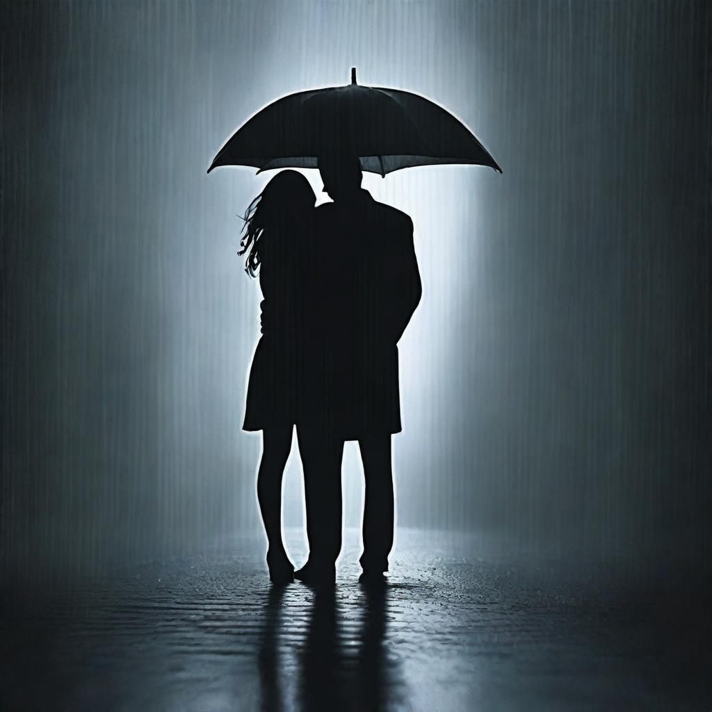 Two black silhouettes of a man and a woman standing in the rain