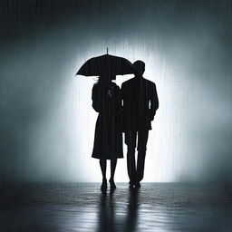 Two black silhouettes of a man and a woman standing in the rain