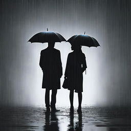 Two black silhouettes of a man and a woman standing in the rain