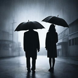 Two black silhouettes of a man and a woman standing in the rain