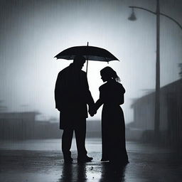 Two black silhouettes in the rain, depicting a man on the ground holding the body of his deceased wife