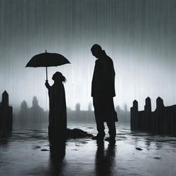 Two black silhouettes in the rain, depicting a man on the ground holding the body of his deceased wife