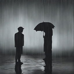 Two black silhouettes in the rain, depicting a man on the ground holding the body of his deceased wife