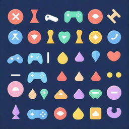 A set of fun and colorful game icons featuring classic symbols such as joysticks, gamepads, coins, trophies, and pixelated characters.