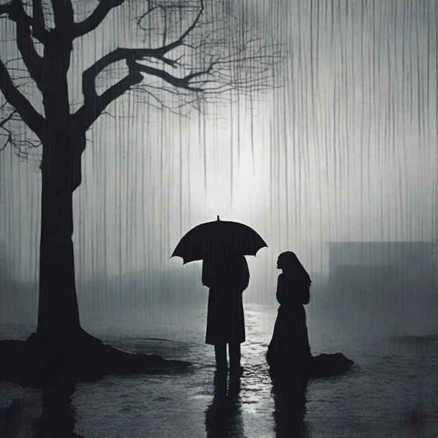 Two black silhouettes in the rain, depicting a man on the ground holding the body of his deceased wife