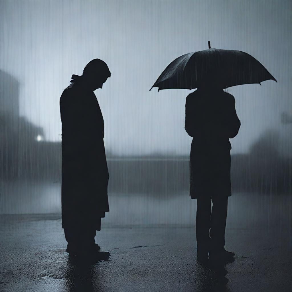 Two black silhouettes in the rain, showing a man on the ground holding the body of his deceased wife