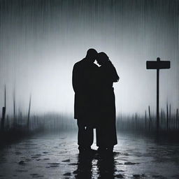 Two black silhouettes in the rain, showing a man on the ground holding the body of his deceased wife