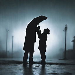 Two black silhouettes in the rain, showing a man on the ground holding the body of his deceased wife