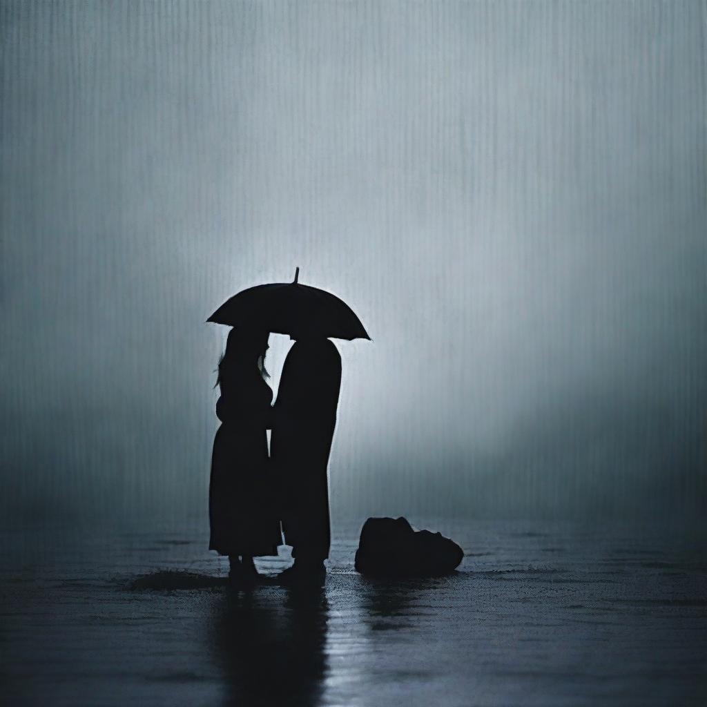 Two black silhouettes in the rain, showing a man on the ground holding the body of his deceased wife