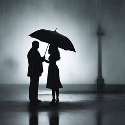 Two black silhouettes in the rain, depicting a man on the ground holding the body of his deceased wife, without an umbrella