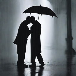 Two black silhouettes in the rain, depicting a man on the ground holding the body of his deceased wife, without an umbrella