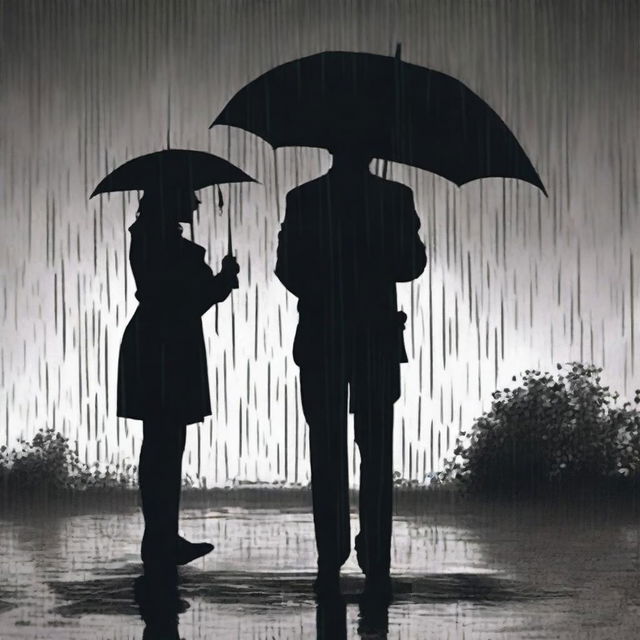 Two black silhouettes in the rain, depicting a man on the ground holding the body of his deceased wife, without an umbrella