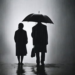 Two black silhouettes in the rain, depicting a man on the ground holding the body of his deceased wife, without an umbrella