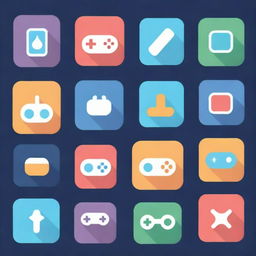 A set of fun and colorful game icons featuring classic symbols such as joysticks, gamepads, coins, trophies, and pixelated characters.